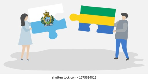 Couple holding two puzzles pieces with Sammarinese and Gabonese flags. San Marino and Gabon national symbols together.