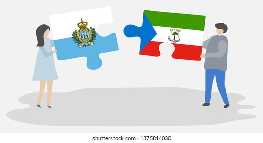 Couple holding two puzzles pieces with Sammarinese and Equatorial Guinean flags. San Marino and Equatorial Guinea national symbols together.