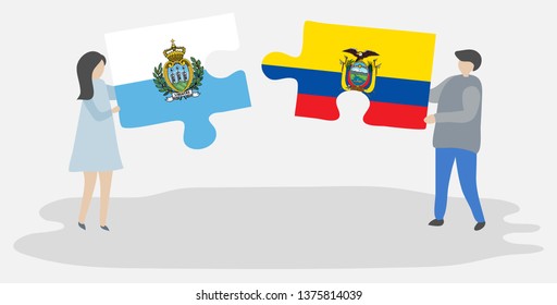 Couple holding two puzzles pieces with Sammarinese and Ecuadorian flags. San Marino and Ecuador national symbols together.