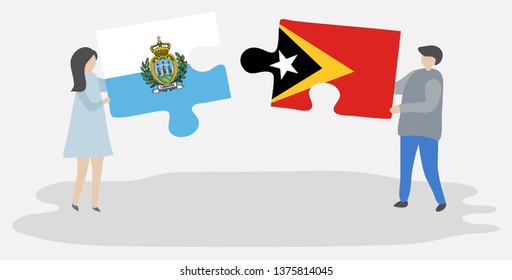 Couple holding two puzzles pieces with Sammarinese and Timorese flags. San Marino and East Timor national symbols together.