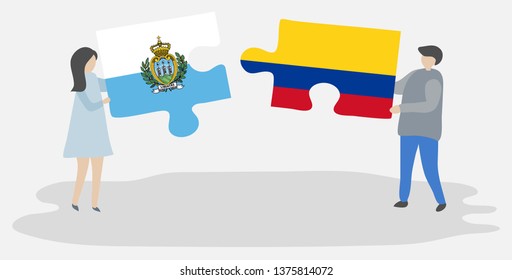 Couple holding two puzzles pieces with Sammarinese and Colombian flags. San Marino and Colombia national symbols together.