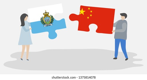 Couple holding two puzzles pieces with Sammarinese and Chinese flags. San Marino and China national symbols together.