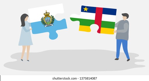 Couple holding two puzzles pieces with Sammarinese and Central African flags. San Marino and Central African Republic national symbols together.