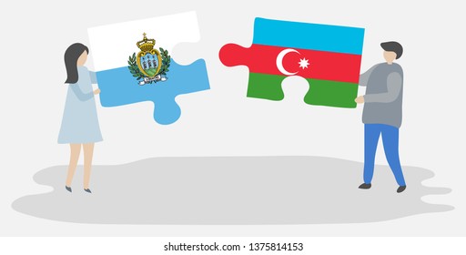 Couple holding two puzzles pieces with Sammarinese and Azerbaijani flags. San Marino and Azerbaijan national symbols together.