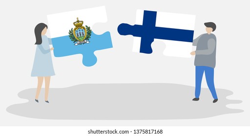Couple holding two puzzles pieces with Sammarinese and Finnish flags. San Marino and Finland national symbols together.