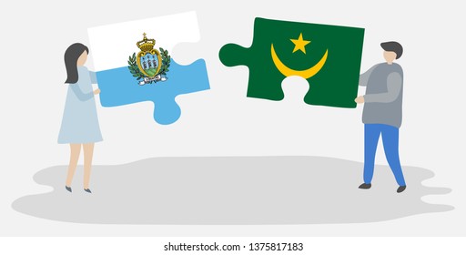 Couple holding two puzzles pieces with Sammarinese and Mauritanian flags. San Marino and Mauritania national symbols together.