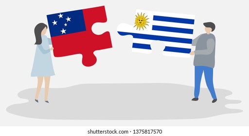 Couple holding two puzzles pieces with Samoan and Uruguayan flags. Samoa and Uruguay national symbols together.