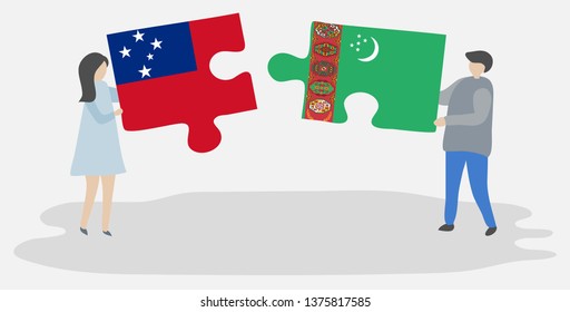 Couple holding two puzzles pieces with Samoan and Turkmen flags. Samoa and Turkmenistan national symbols together.