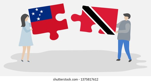 Couple holding two puzzles pieces with Samoan and Trinidadian flags. Samoa and Trinidad and Tobago national symbols together.