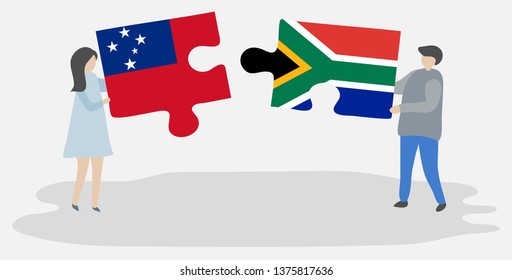 Couple holding two puzzles pieces with Samoan and South African flags. Samoa and South Africa national symbols together.