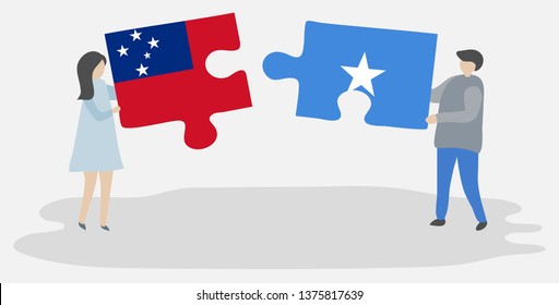 Couple holding two puzzles pieces with Samoan and Somali flags. Samoa and Somalia national symbols together.