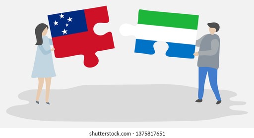 Couple holding two puzzles pieces with Samoan and Sierra Leonean flags. Samoa and Sierra Leone national symbols together.