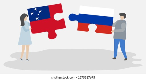 Couple holding two puzzles pieces with Samoan and Russian flags. Samoa and Russia national symbols together.