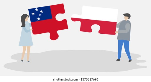 Couple holding two puzzles pieces with Samoan and Polish flags. Samoa and Poland national symbols together.