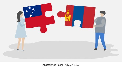 Couple holding two puzzles pieces with Samoan and Mongolian flags. Samoa and Mongolia national symbols together.
