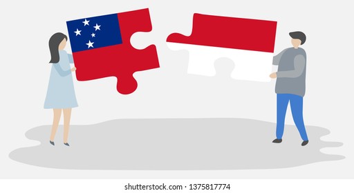 Couple holding two puzzles pieces with Samoan and Monegasque flags. Samoa and Monaco national symbols together.