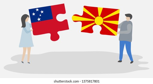 Couple holding two puzzles pieces with Samoan and Macedonian flags. Samoa and Macedonia national symbols together.