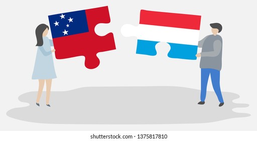 Couple holding two puzzles pieces with Samoan and Luxembourgish flags. Samoa and Luxembourg national symbols together.