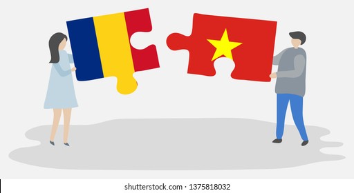Couple holding two puzzles pieces with Romanian and Vietnamese flags. Romania and Vietnam national symbols together.