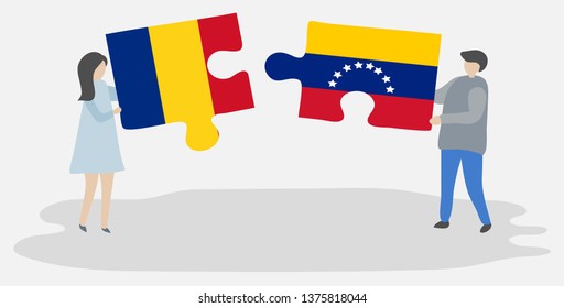 Couple holding two puzzles pieces with Romanian and Venezuelan flags. Romania and Venezuela national symbols together.