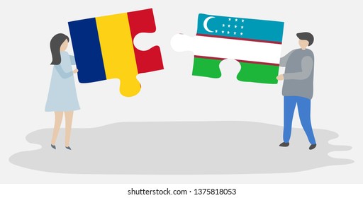 Couple holding two puzzles pieces with Romanian and Uzbek flags. Romania and Uzbekistan national symbols together.