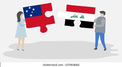 Couple holding two puzzles pieces with Samoan and Iraqi flags. Samoa and Iraq national symbols together.