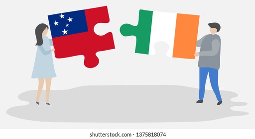 Couple holding two puzzles pieces with Samoan and Irish flags. Samoa and Ireland national symbols together.