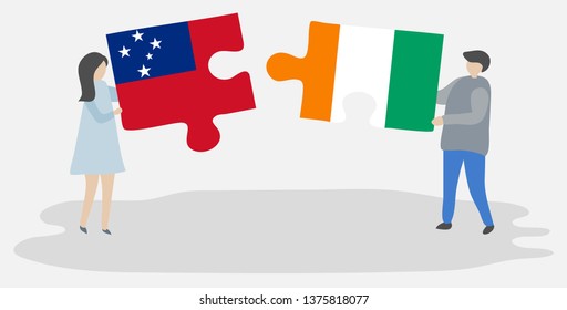 Couple holding two puzzles pieces with Samoan and Ivorian flags. Samoa and Ivory Coast national symbols together.