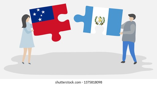 Couple holding two puzzles pieces with Samoan and Guatemalan flags. Samoa and Guatemala national symbols together.