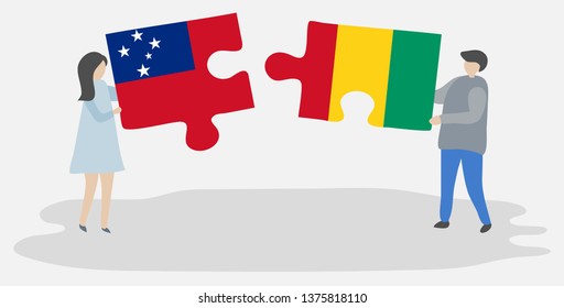 Couple holding two puzzles pieces with Samoan and Guinean flags. Samoa and Guinea national symbols together.
