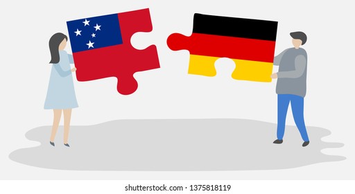 Couple holding two puzzles pieces with Samoan and German flags. Samoa and Germany national symbols together.