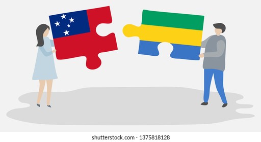Couple holding two puzzles pieces with Samoan and Gabonese flags. Samoa and Gabon national symbols together.