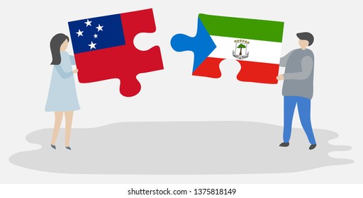 Couple holding two puzzles pieces with Samoan and Equatorial Guinean flags. Samoa and Equatorial Guinea national symbols together.