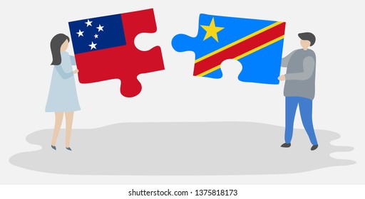 Couple holding two puzzles pieces with Samoan and Congolese flags. Samoa and Democratic Republic of the Congo national symbols together.