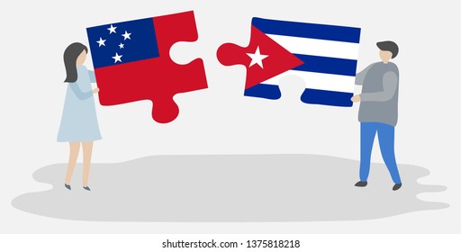 Couple holding two puzzles pieces with Samoan and Cuban flags. Samoa and Cuba national symbols together.