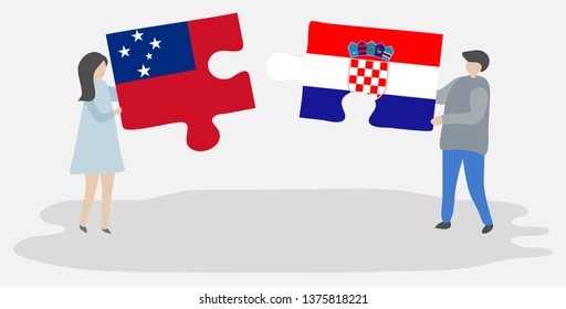 Couple holding two puzzles pieces with Samoan and Croatian flags. Samoa and Croatia national symbols together.
