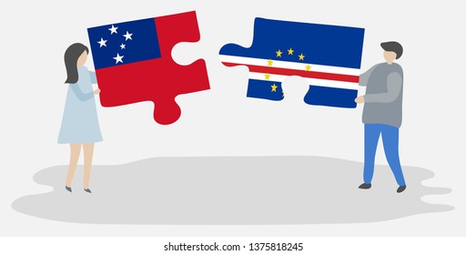 Couple holding two puzzles pieces with Samoan and Cabo Verdean flags. Samoa and Cape Verde national symbols together.
