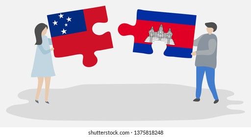 Couple holding two puzzles pieces with Samoan and Cambodian flags. Samoa and Cambodia national symbols together.