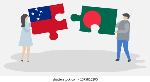 Couple holding two puzzles pieces with Samoan and Bangladeshi flags. Samoa and Bangladesh national symbols together.
