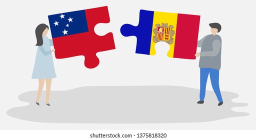 Couple holding two puzzles pieces with Samoan and Andorran flags. Samoa and Andorra national symbols together.