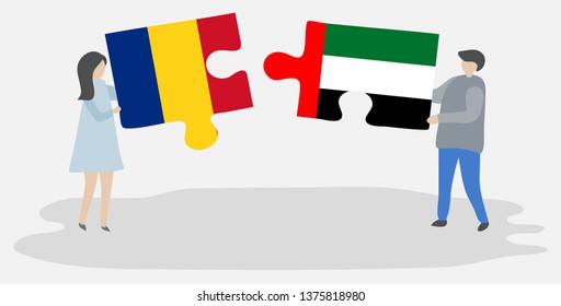 Couple holding two puzzles pieces with Romanian and Emirian flags. Romania and United Arab Emirates national symbols together.