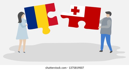 Couple holding two puzzles pieces with Romanian and Tongan flags. Romania and Tonga national symbols together.