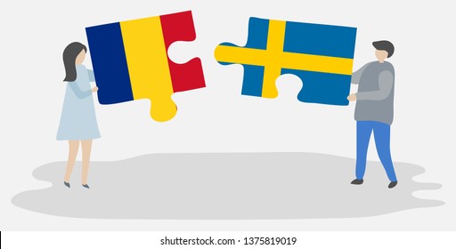 Couple holding two puzzles pieces with Romanian and Swedish flags. Romania and Sweden national symbols together.
