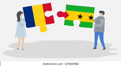 Couple holding two puzzles pieces with Romanian and Sao Tomean flags. Romania and Sao Tome and Principe national symbols together.