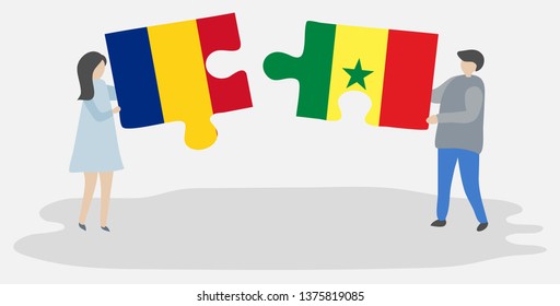 Couple holding two puzzles pieces with Romanian and Senegalese flags. Romania and Senegal national symbols together.