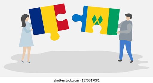 Couple holding two puzzles pieces with Romanian and Vincentian flags. Romania and Saint Vincent and the Grenadines national symbols together.