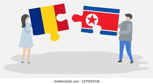 Couple holding two puzzles pieces with Romanian and North Korean flags. Romania and North Korea national symbols together.