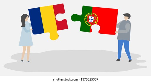 Couple holding two puzzles pieces with Romanian and Portuguese flags. Romania and Portugal national symbols together.