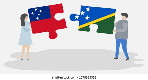 Couple holding two puzzles pieces with Samoan and Solomon Island flags. Samoa and Solomon Islands national symbols together.