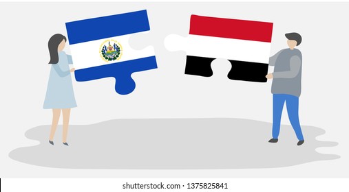 Couple holding two puzzles pieces with Salvadoran and Yemeni flags. El Salvador and Yemen national symbols together.